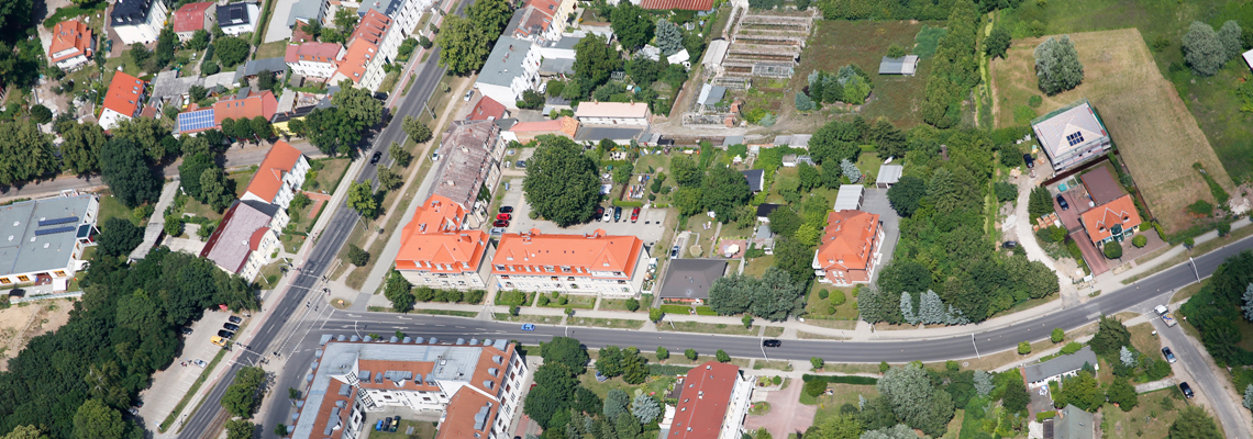 Luftaufnahme vom Wohngebiet "Elisabethstraße und August-Bebel-Straße" der WBG "Aufbau Strausberg