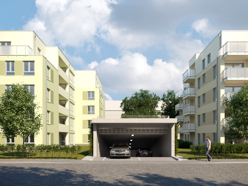 Neubau Quartier am Märchenwald, Ansicht der Einfahrt zur Tiefgarage