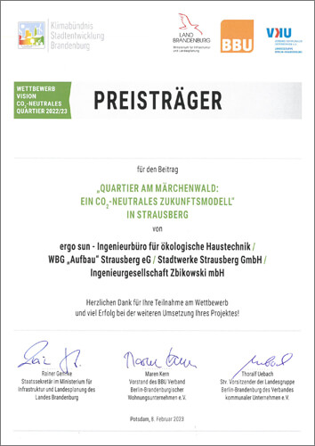 Urkunde vom Klimabündnis Stadtentwicklung Brandenburg für den Preisträger zum Wettbewerbs „Vision CO2-neutrales Quartier 2022/2023“