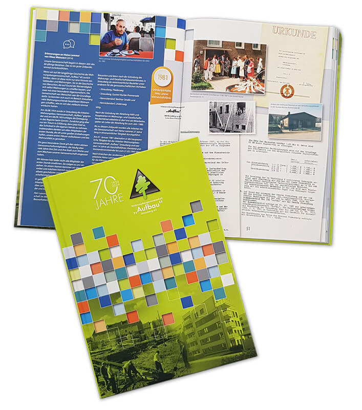 Ansicht von Titel und Innenseite der 70 Jahre Chronik der WBG "Aufbau"